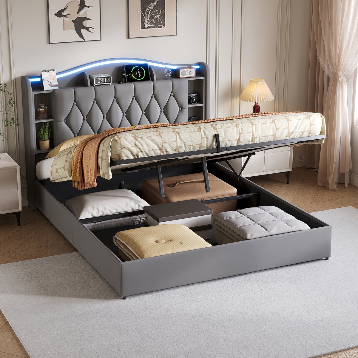 Opbergbed 160x200 Grijs Velvet met LED, USB & Draadloos Opladen