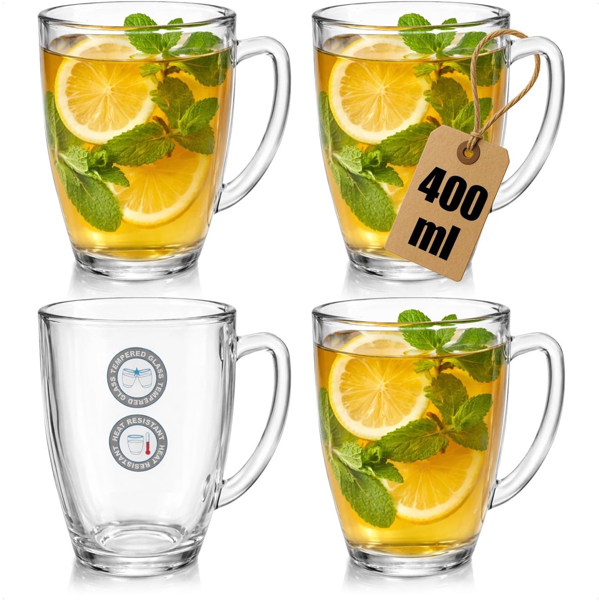 Dailygoods- Theeglas Hittebestendig - Set van 4 - 400 ml - Groot Drinkglas - Gehard Glas - Met Oor - Duurzaam en Robuust