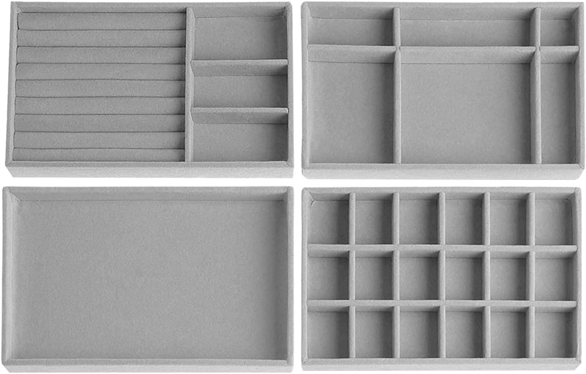4 stuks sieradenopberglade, sieradenlade, juwelendoos, fluwelen sieradenorganizer, stapelbaar, sieradenorganisatoren voor sieraden, oorbellen, armbanden, ringen opslag (grijs)