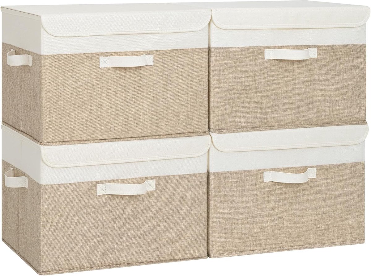 SAYS Opbergdozen met deksel, stof, 4 stuks, opbergdozen, groot, organizerbox met deksel, opbergmanden voor kleding, wit-bruine vouwdozen met deksel voor kledingkast