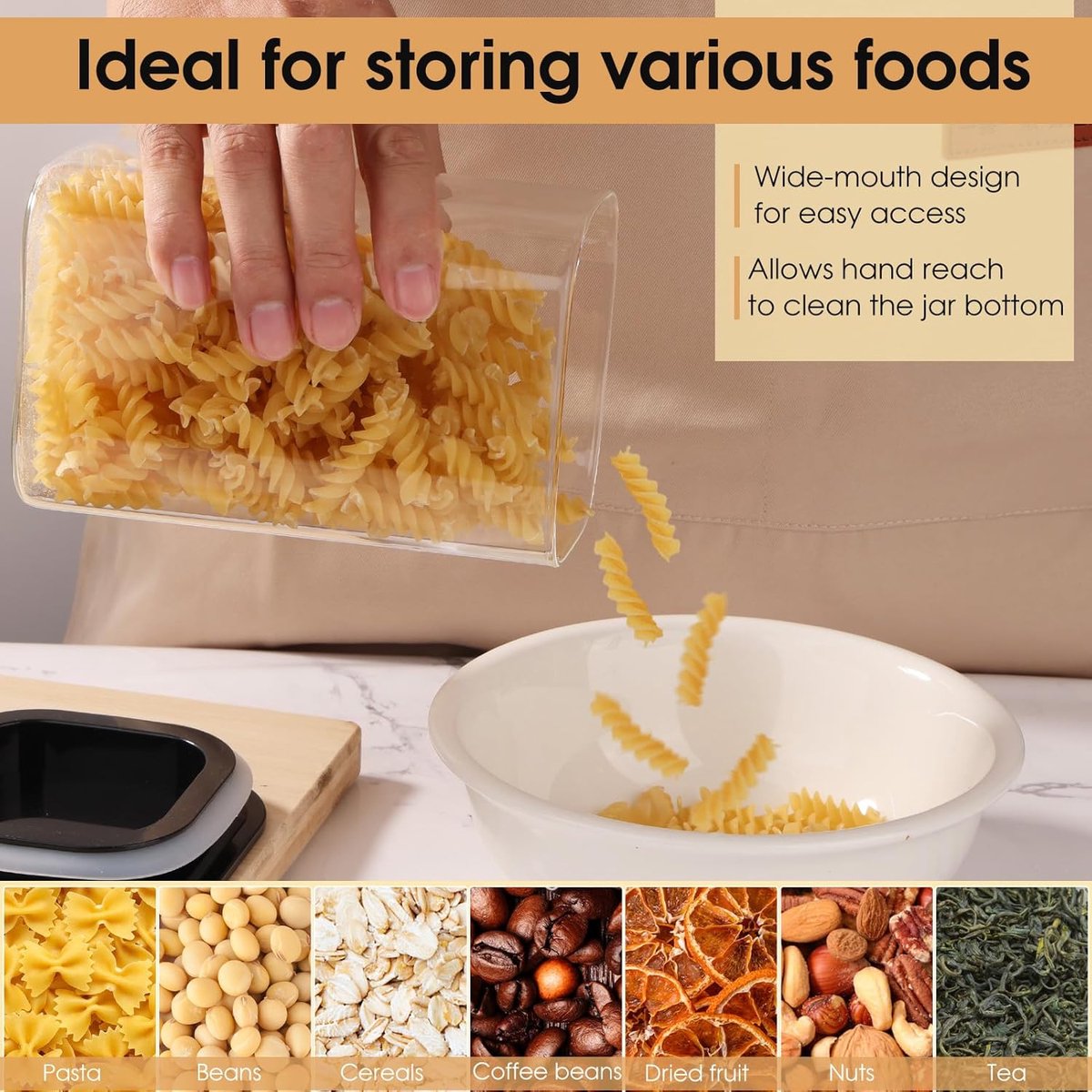 Set van 4 voorraadpotten met deksel, 1,2 l voorraaddozen, glas, vierkant, luchtdicht voorraadglas met zwart deksel, glazen container, opbergpotten voor keuken, pasta, pasta, meel, bonen — cadeau in Wonen & Interieur - foto 6