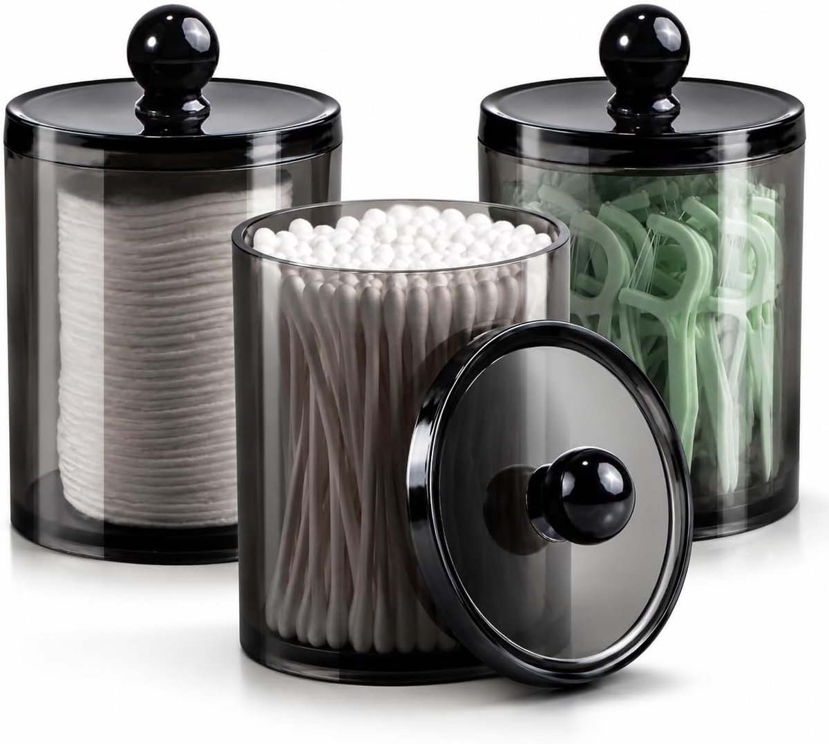 Cosmetica-organizer, 3 stuks wattenstaafjeshouders, zwarte apothekersglazen voor badkamer, voor wattenbolletjes, wattenstaafjes, ronde wattenschijfjes, tandzijde, make-upsponzen, haarspelden