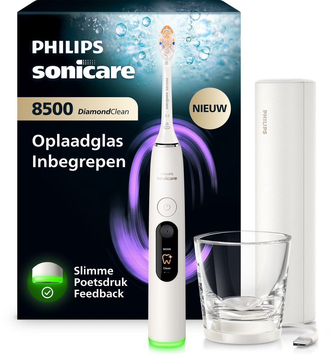 Philips Sonicare DiamondClean 8500 Elektrische Tandenborstel - Slimme Poetsdruksensor, 18 Poetsinstellingen, Oplaadreisetui & Oplaadglas - Wit - HX8513/11