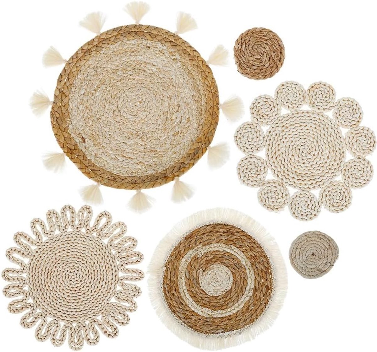 6-delige Boho-wandmand, decoratieset, gevlochten platte manden, wandbekleding, bank, nachtkastdecoraties