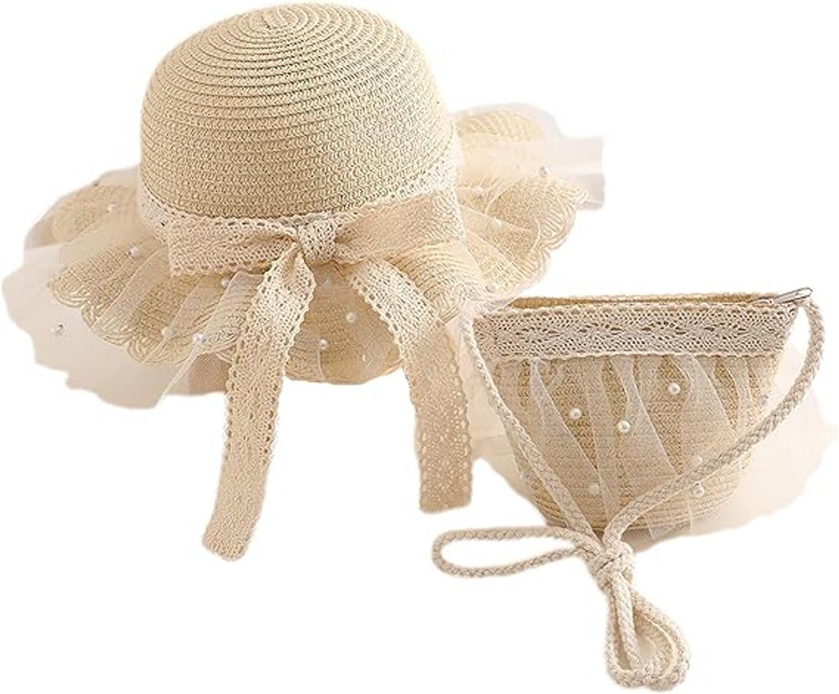 LISM-Meisjes strohoed en tas set, met kanten bloemenprint, parelmoeren zomerstrandhoed, prinsessen schoudertasje met kinbandje.