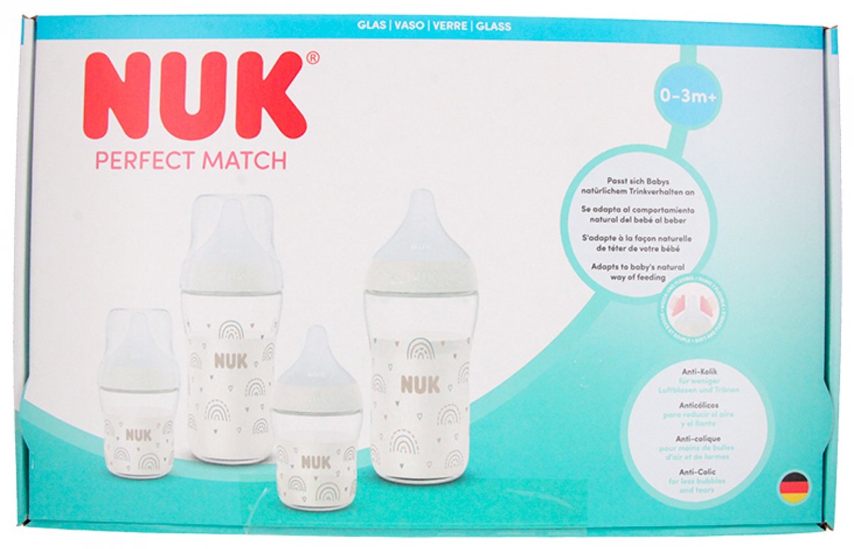 Nuk glazen babyfles set - anti-koliek flesjes 0-3M+ rainbow design.