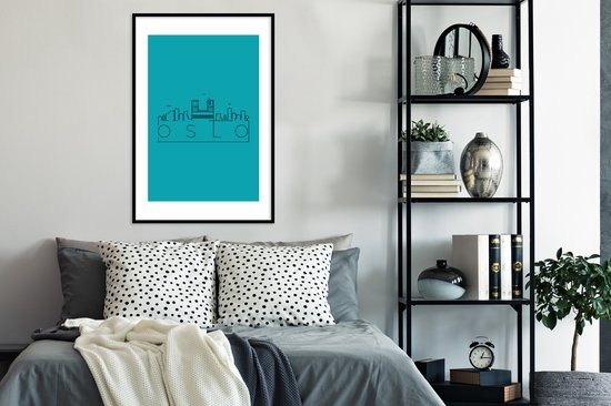 Poster in lijst - Fotolijst 60x90 cm - Posters - Skyline "Oslo" blauw - Posterlijst zwart - Decoratie - Wanddecoratie woonkamer - Muurdecoratie slaapkamer