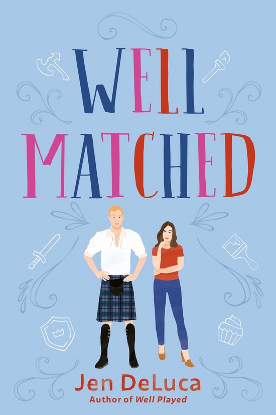 Boekcover met de titel 'Well Matched' in grote letters. Een man in een Schotse kilt en een vrouw in een rode top en blauwe spijkerbroek staan centraal..