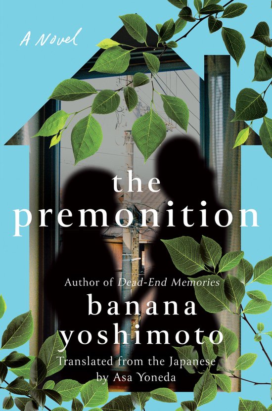 Boekcover 'the premonition' met silhouetten van twee personen, omringd door groene bladeren.