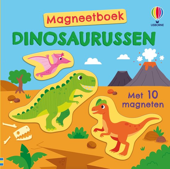 Magnetenboek Dinosaurussen met 10 magneten, met een groene T-Rex, een oranje Velociraptor en een roze Pterodactylus.