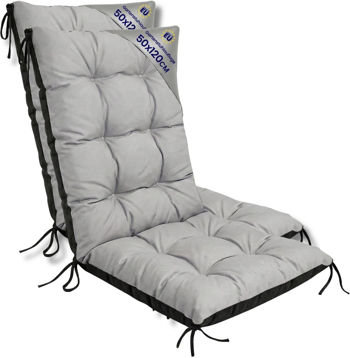 Tuinstoelkussens Hoge Rug Set: 2x 50x120 cm - Kussens voor Tuinstoelen & Standenstoel Terrasstoel Grijs Stoelkussens Tuin Zitkussen Extra Dik 10 cm met Bindlinten