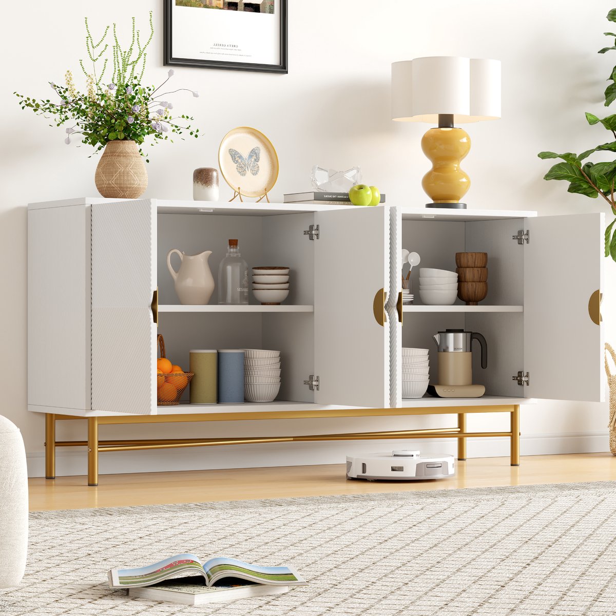 REDOM Dressoir - Vier deuren met ruime opbergruimte - Soft-close scharnieren en geborstelde gouden grepen - Woonkamer - MDF en spaanplaat - Wit - 160 x 40 x 82 cm