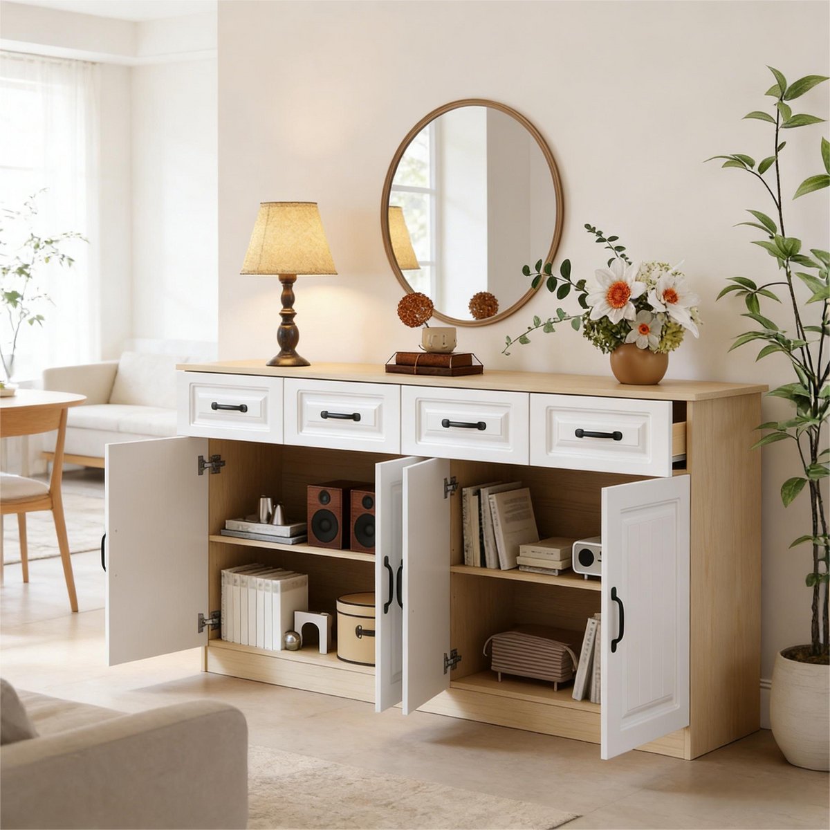Dressoir met 4 lades - 2 opbergplanken - gestreept ontwerp en 8 metalen handgrepen - grote opbergruimte - wit en houtkleur