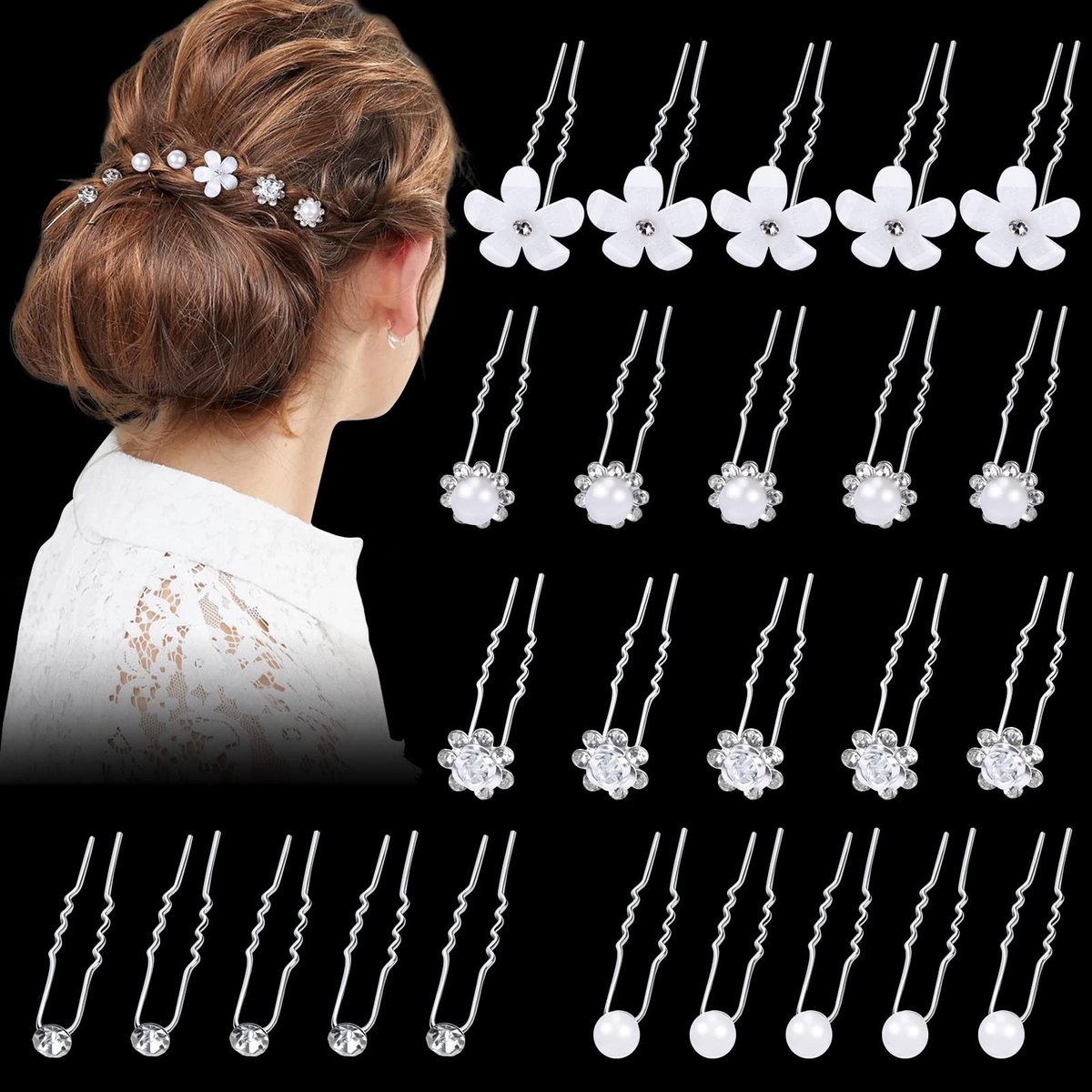 Dailygoods- Haarspelden 25 Stuks - Bruiloft Haaraccessoires - Strass Haarspeld - Kralen en Bloemen - U-Vormig - Haarsieraad Dames