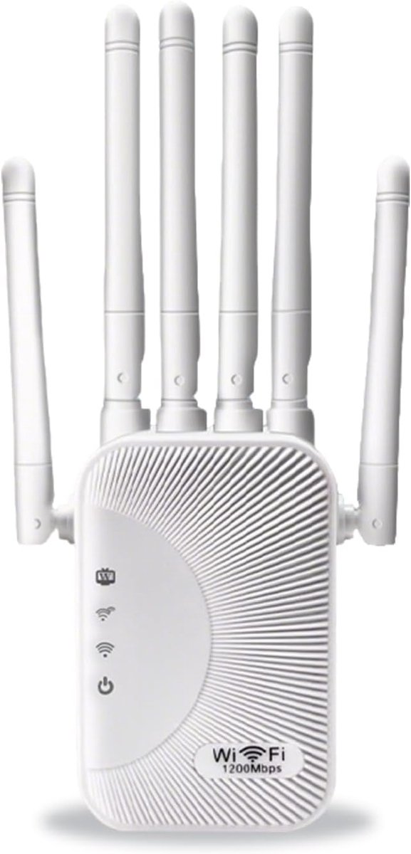 1200Mbps wifi-versterker/repeater, dual-band 5GHz en 2,4GHz, bereik tot 1200 vierkante meter, een krachtige draadloze wifi-repeater met WPS-beveiliging, uitgerust met 6 antennes en compatibel met alle netwerkboxen.