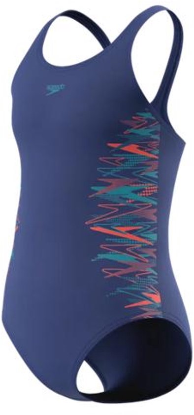 Speedo dames sportbadpak, marineblauw, met grafische print in rood en groen op de zijkant.
