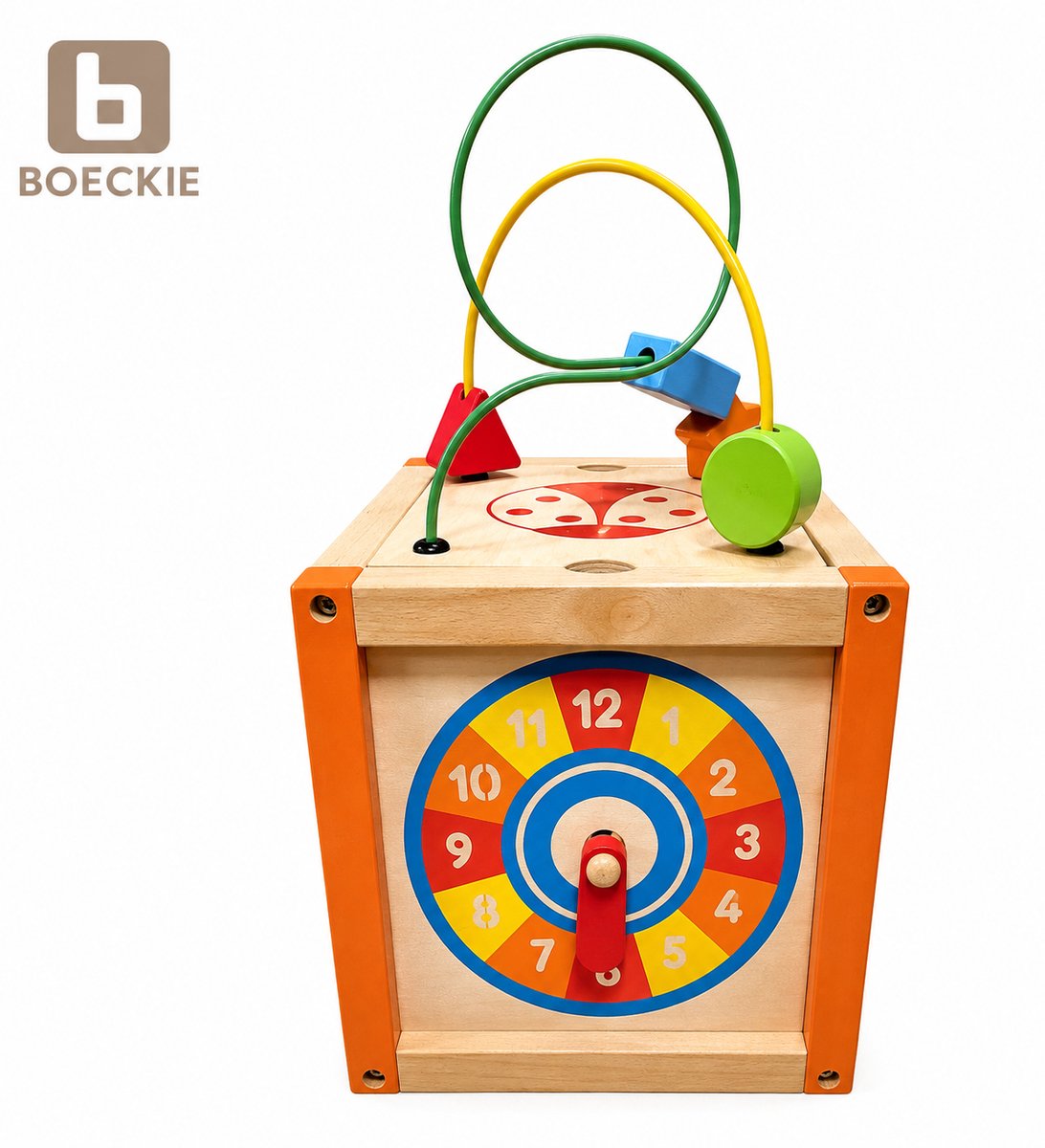 BOECKIE Houten Activiteitenkubus – Montessori Speelgoed – Motoriek & Leren – Kralenbaan – 20 x 20 x 36 cm