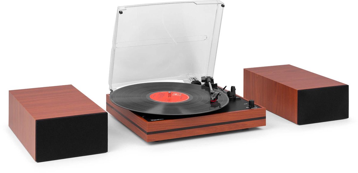 Platenspeler met speakers - Audizio Akron - LP speler - Bluetooth - AUX - 3 snelheden - Kersen houtlook
