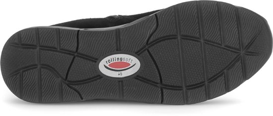 Zwarte suède enkellaars zool met vierkant profiel. Rode Rollingsoft logo.