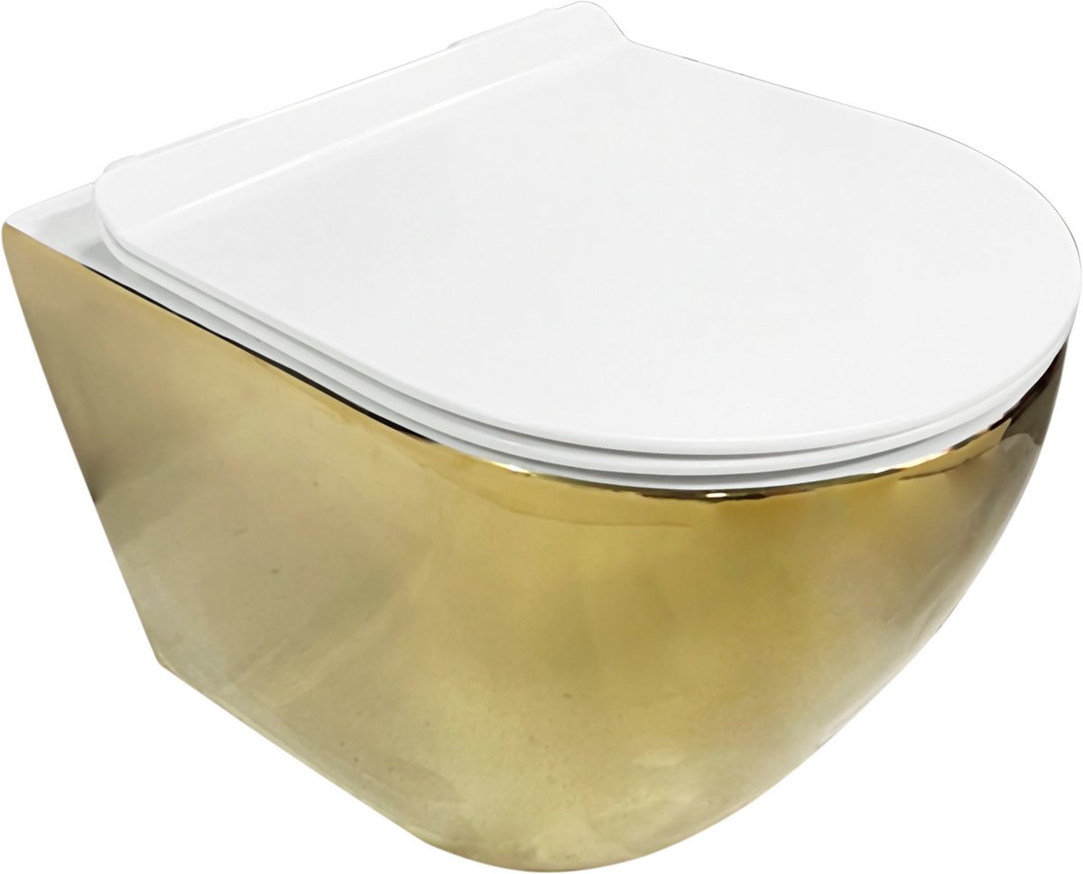 Wandcloset Sanitado Industry Blad Goud randloos met softclose toiletzitting in glanzend wit