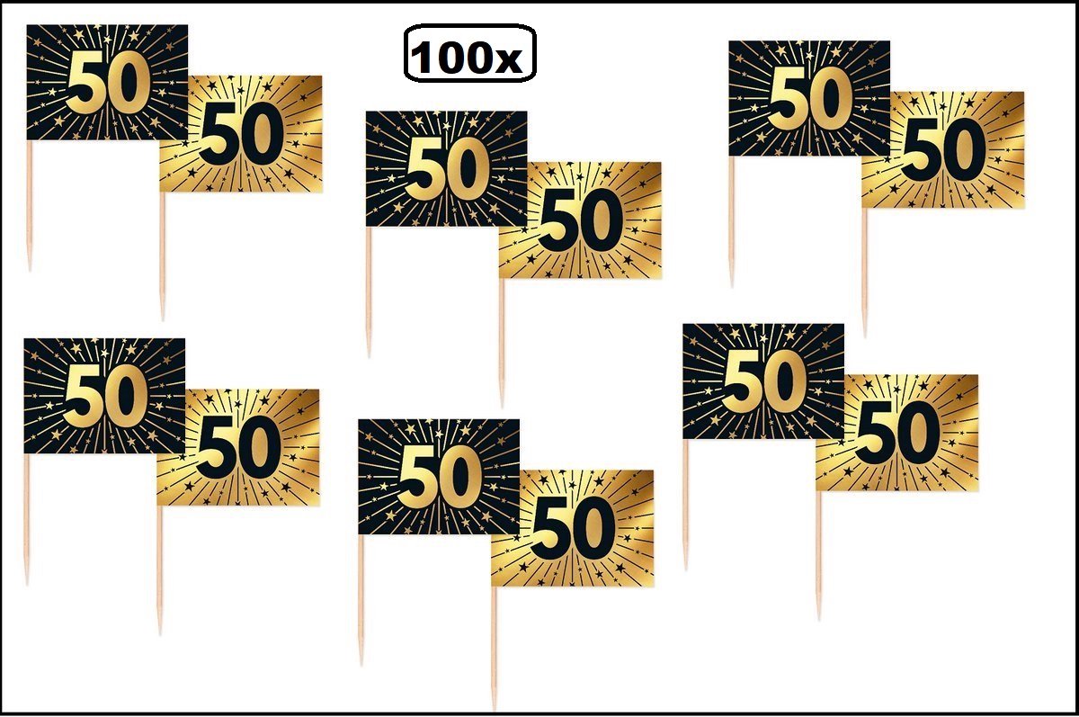 100x Cocktail/vlag prikkers 50 jaar goud/zwart - Vlag prikker Jubileum verjaardag thema feest koperen bruiloft cocktail