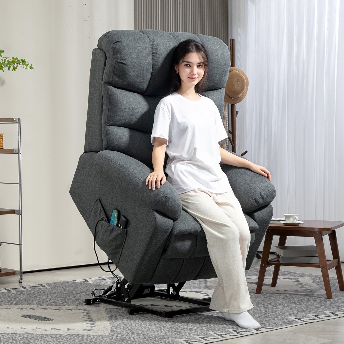 HOMCOM Sta-op Fauteuil Elektrisch - Relaxfauteuil met Massage - Opsta Stoel - Donkergrijs – foto 7
