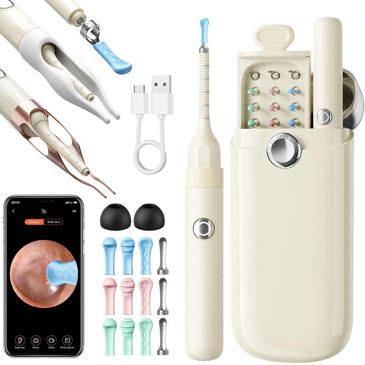 Oorsmeer Verwijder Tool met Camera - Zichtbare Oorreiniger met Pincet - Flexibele Otoscoop met Licht - Draagbaar Reinigingsset voor Volwassenen & Kinderen - Beige - 1 Set