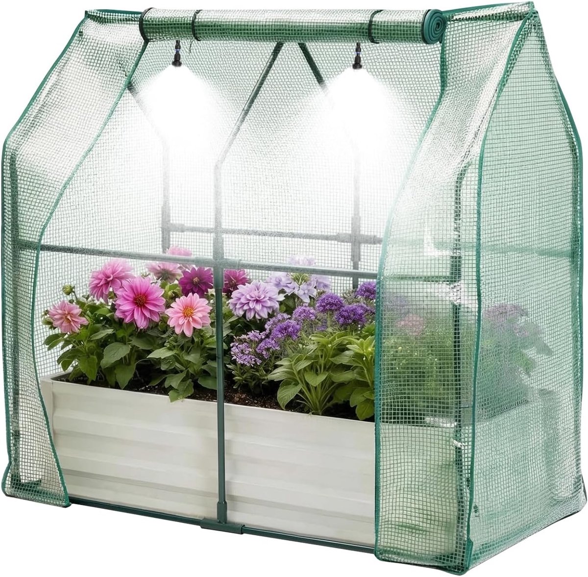 Complete 3-in-1 Moestuinbak met Kweekkas & Bewateringssysteem - 120 x 60 x 30 cm - Metalen Plantenbak met Zadeldak Insectennet & Druppelirrigatie - beige