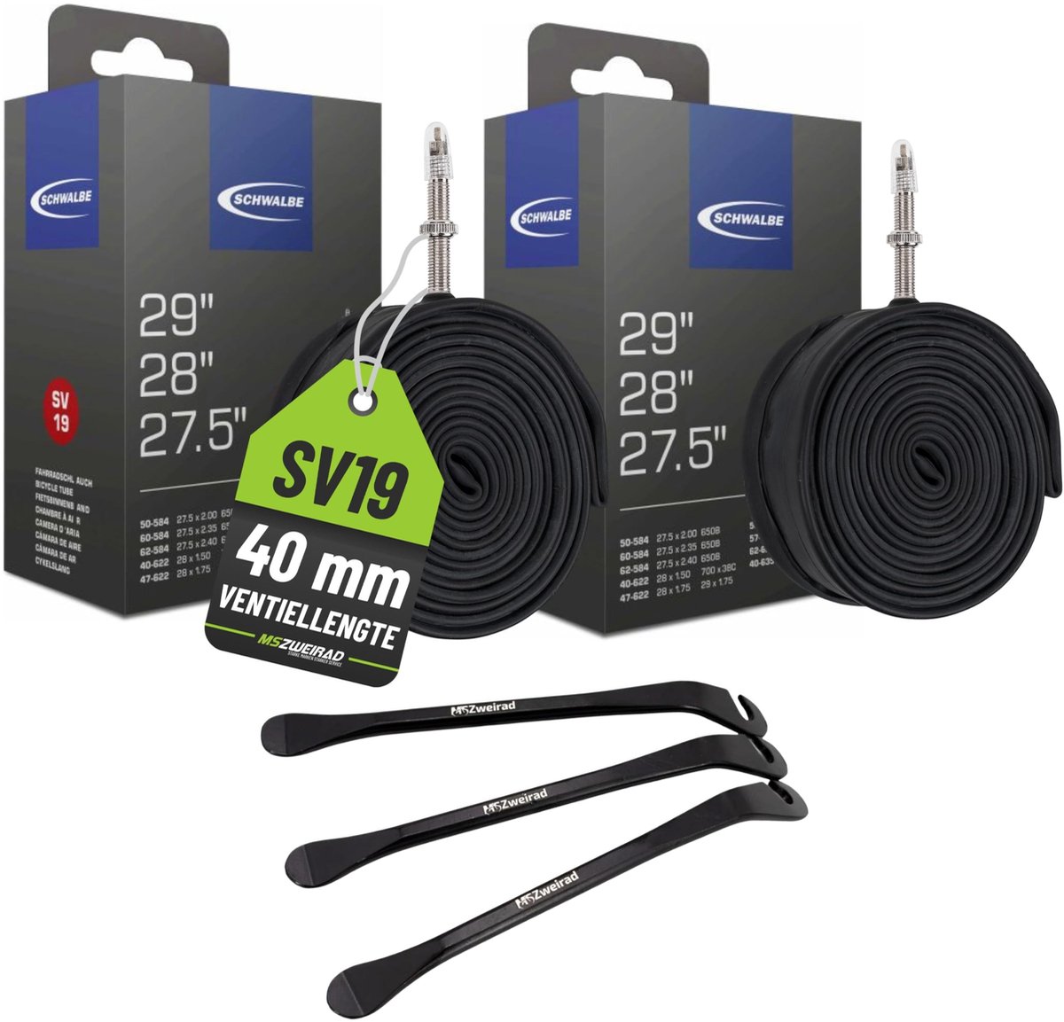 Solidchoice - Set van 2 Fietsbinnenbanden 27.5 28 29 inch met Ventiel en 3 Bandenheffers