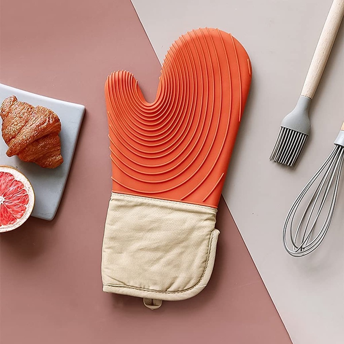 Solidchoice - Oranje Siliconen Katoenen Ovenhandschoenen Wasbaar en Hittebestendig