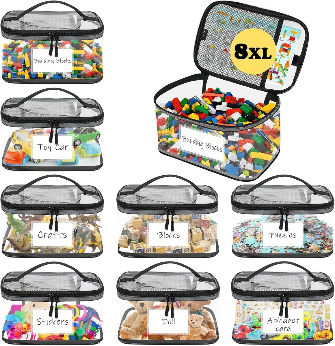 8 opbergzakken voor speelgoed | 30 x 20 x 15 cm, transparant, waterdicht, met ritssluiting, ideaal voor puzzels, bouwstenen en bordspellen