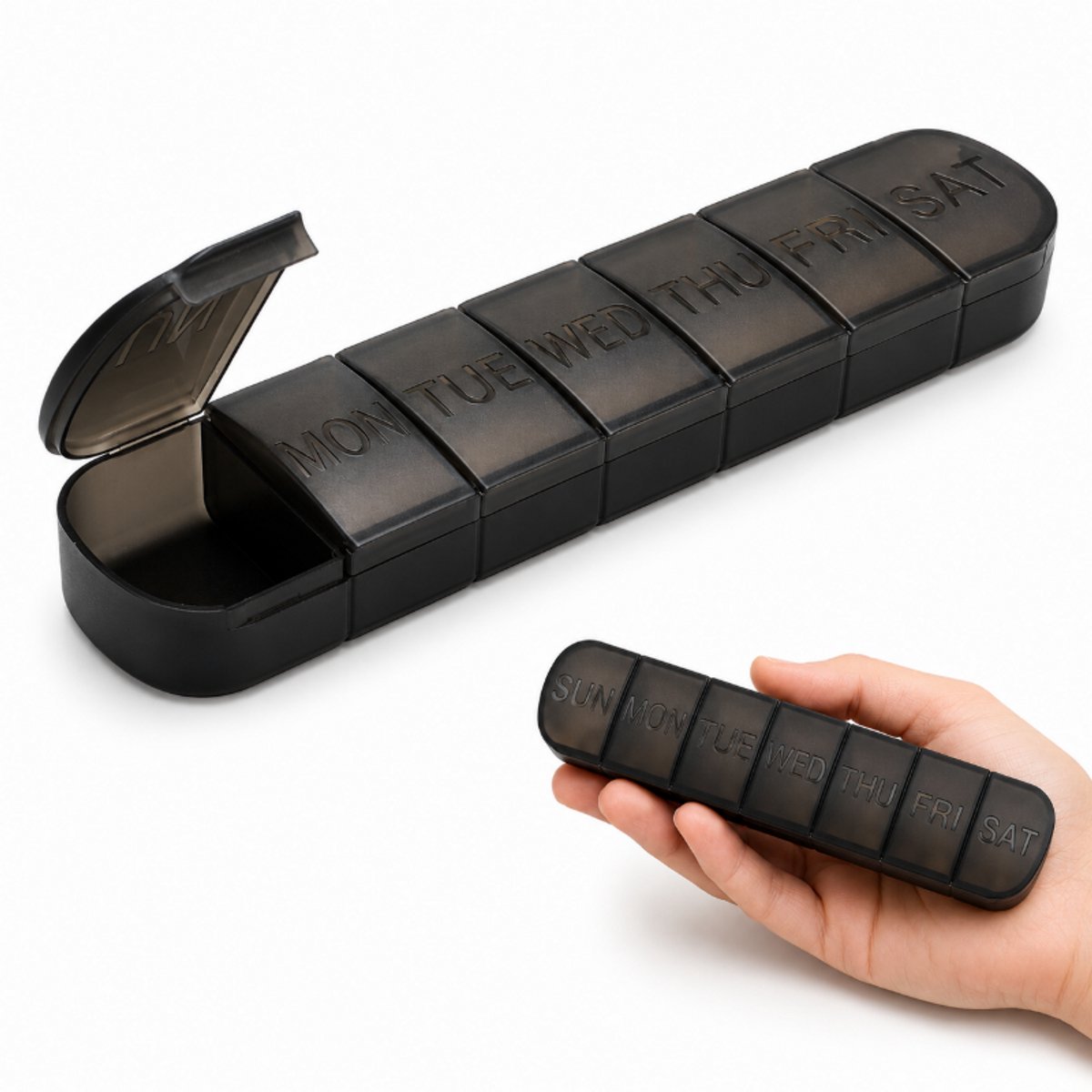 Pillendoos 7 Dagen - Grote Medicijnbox - BPA-vrij - Met Voelbare Dagen en Braille - Medicijn en Vitamine Organizer - Zwart