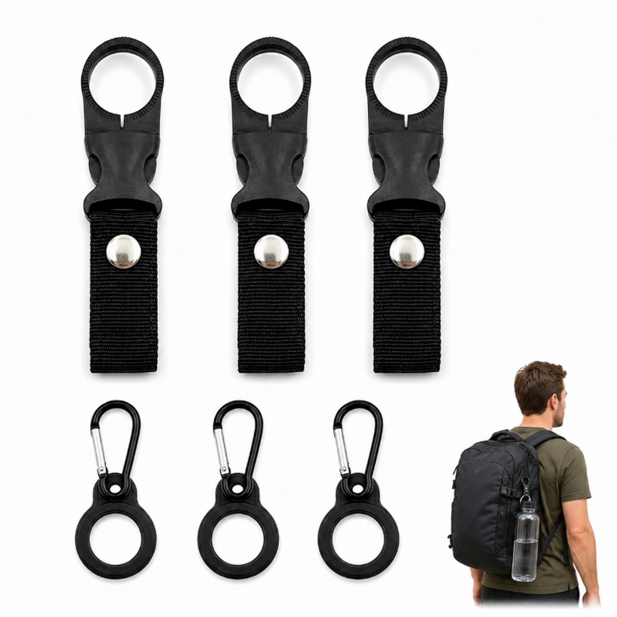 Fleshouder Riemclip voor Rugzak Set van 6 - Tactische Flesclip met Karabijnhaak - Siliconen en Nylon Drinkfles Clip - voor Wandelen Kamperen en Outdoor - Zwart