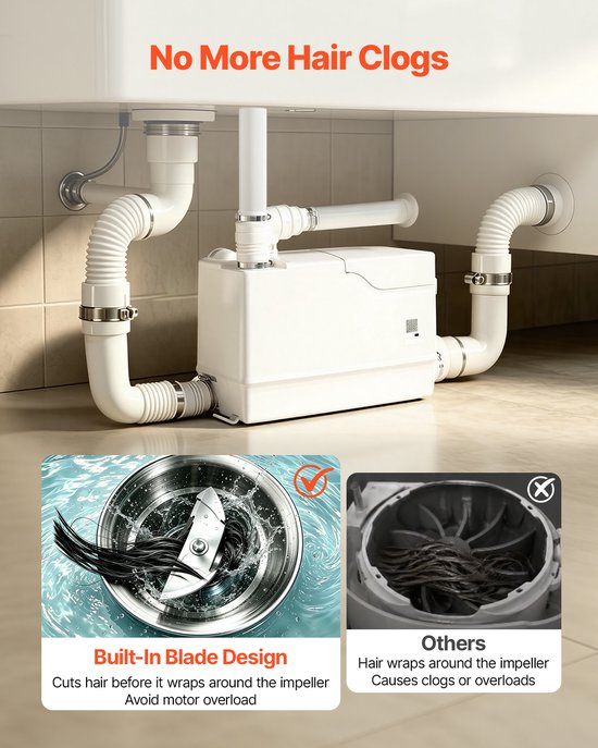 VEVOR Pompstation 800 W 12000 L/U Afvalwaterpompstation met Een Opvoerhoogte van 10 m, Afvalwaterpomp met 3 Inlaten voor Afvalwaterafvoer in Kelder, Keuken, Gootsteen, Douche, Bad en Wasruimte van Vevor — afbeelding 5