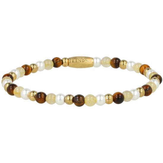 Elastische armband met tijgeroog, citrien en parels, afgewerkt met goudkleurige kraaltjes en een gegraveerd My Bendel logo.