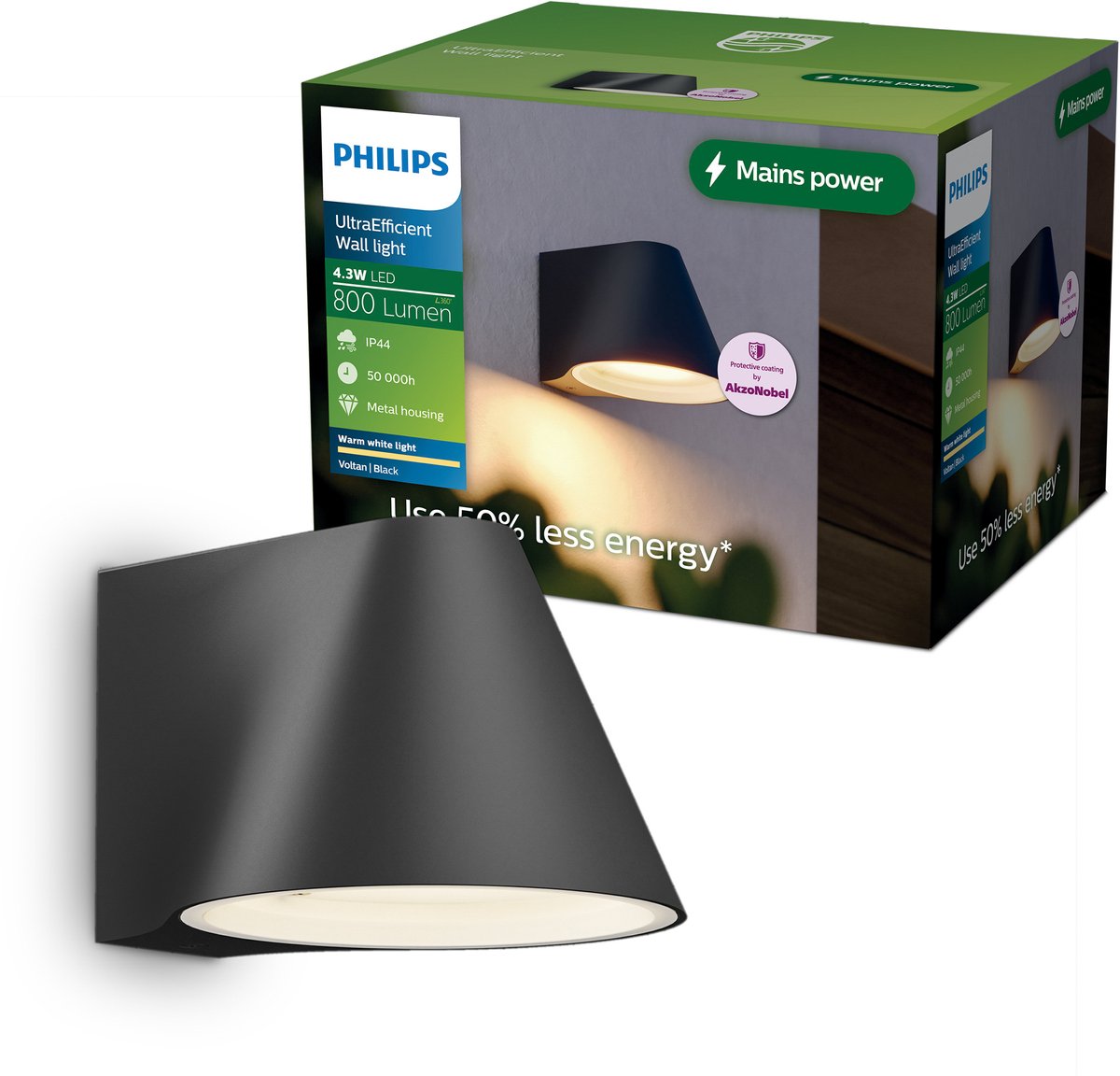 Philips Voltan UltraEfficient Wandlamp - Buitenlamp - Warmwit licht: 2700K - Weerbestendig: IP44 - Zwart - 4.3W