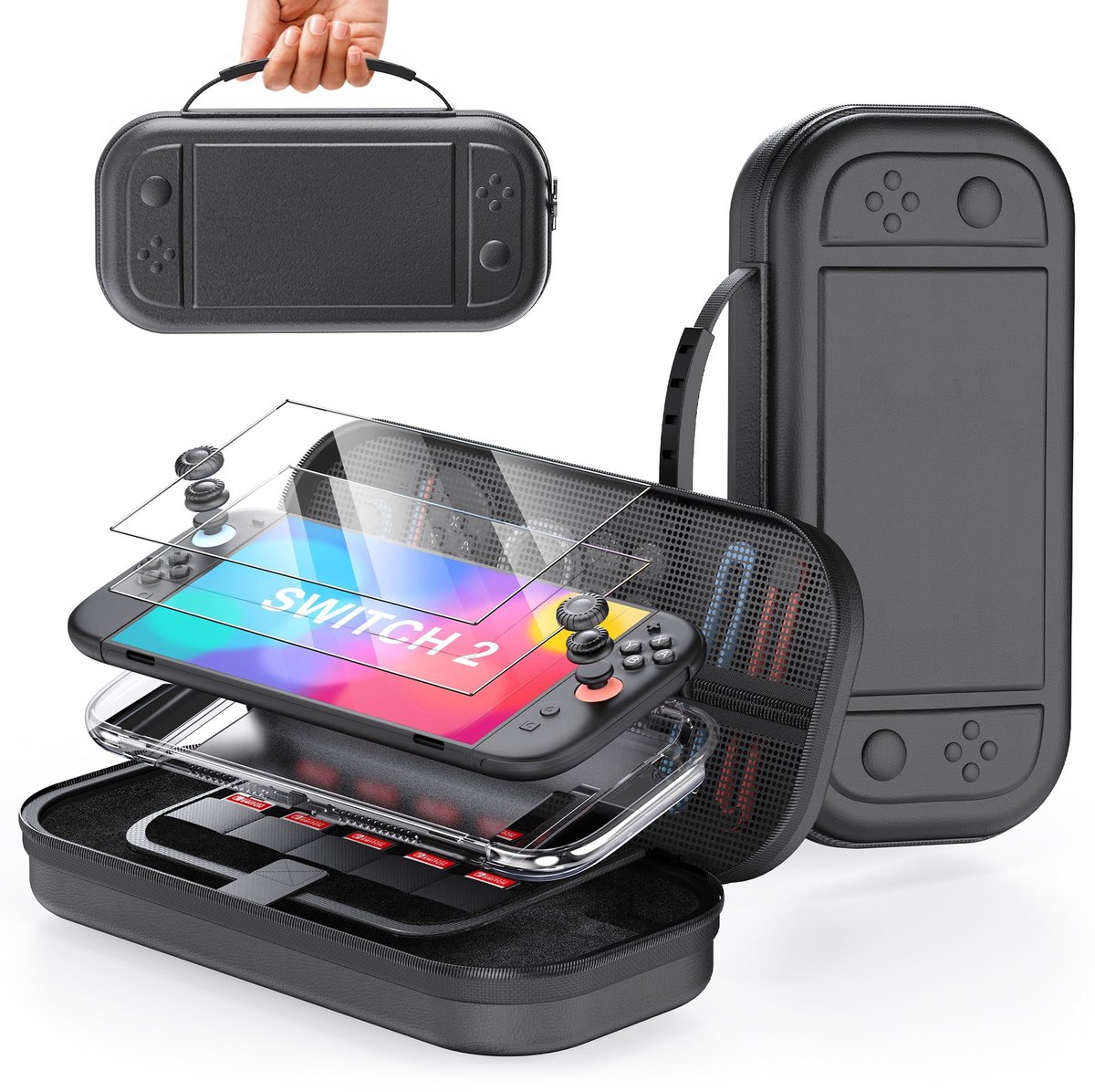 casalora - Accessoirekit compatibel met Nintendo Switch 2 - Bevat een draagtas, 4 joystickkapjes, 2 schermbeschermers van gehard glas (9H) en een water- en schokbestendige beschermhoes, compatibel met Switch 2 en Joy-Con controllers.