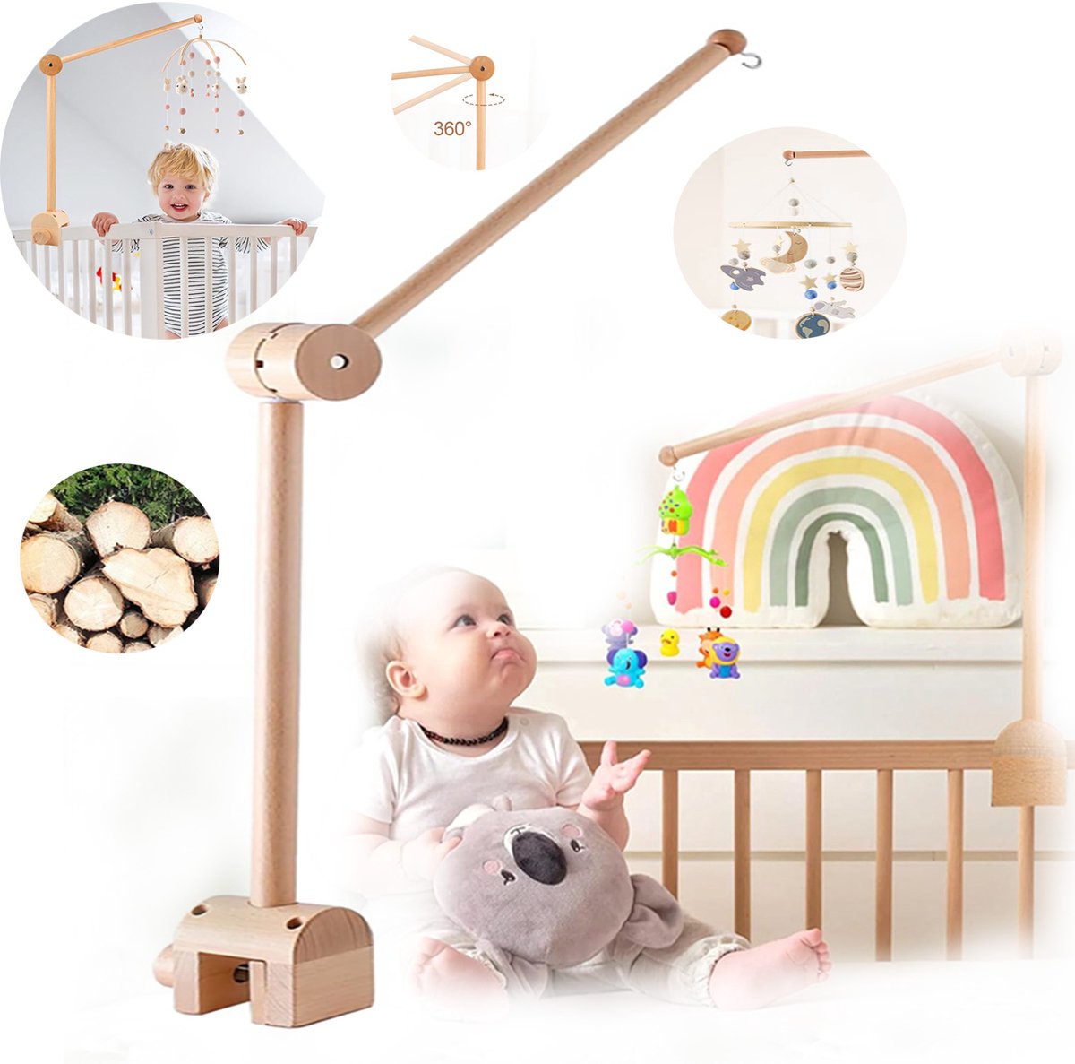Babymobielhouder Voor Wieg, Houten Houder Voor Het Ophangen Van Je Mobiele Telefoon, 360° Draaibare Beugel, Speelgoed Windgong.