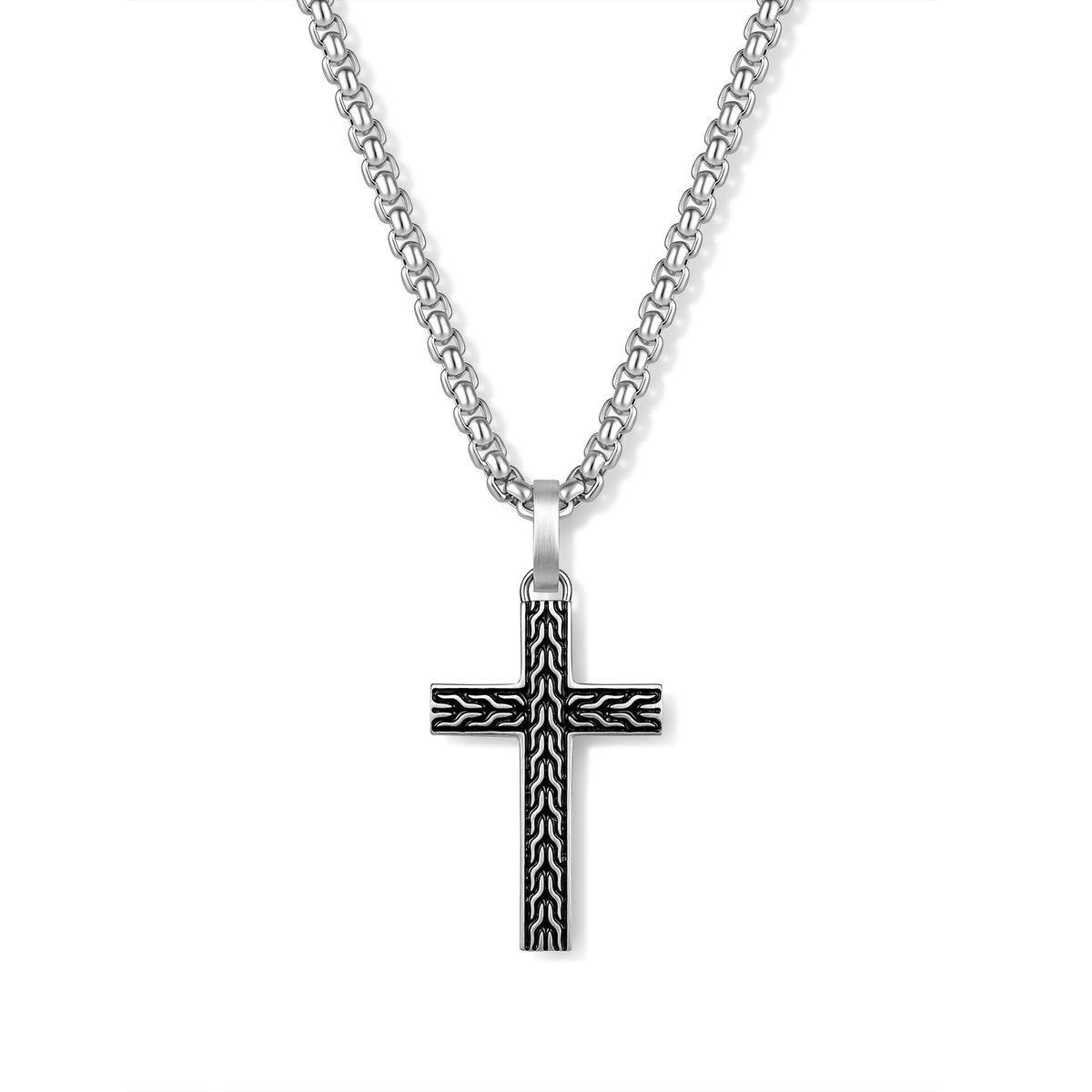 Frank 1967 7FN-0084 – Ketting Heren – Kruis Ketting met Hanger – Schakelketting – Zilverkleurig Roestvrij Staal – 60+10 cm – Cadeau voor Mannen