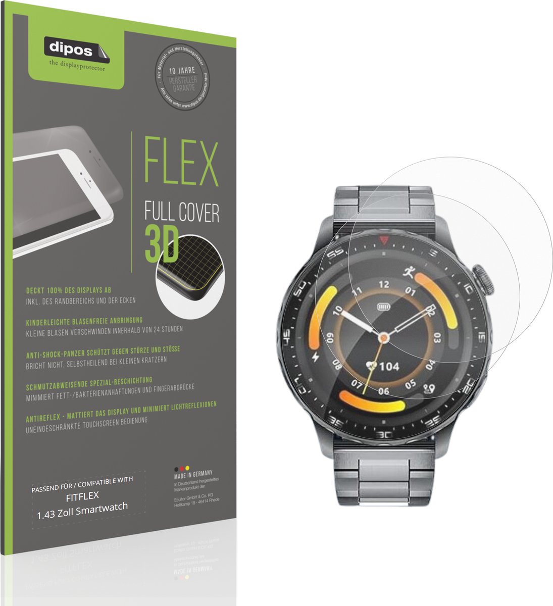 dipos FLEX – 2x Matte Screenprotector geschikt voor FITFLEX 1.43 Zoll Smartwatch | Volledige Schermbescherming | Case-Friendly