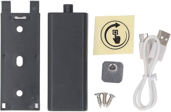 Zwarte push-to-open magneet met bevestigingsbeugel, schroeven, sticker en USB-kabel.