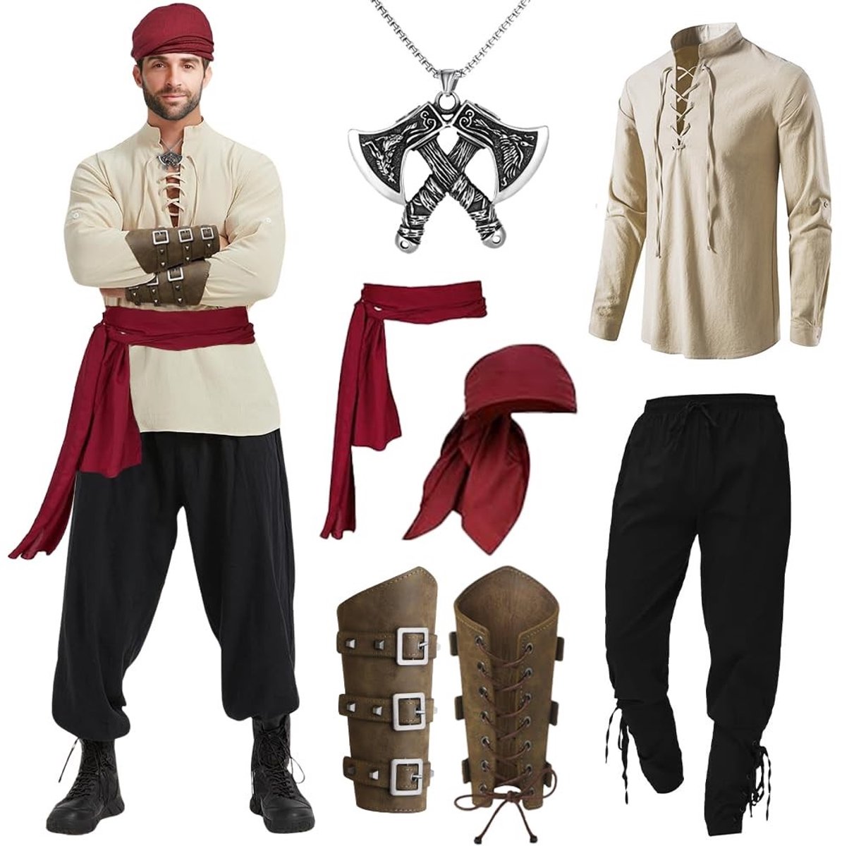 Solidchoice - Piraten Kostuum Set voor Mannen 7-delig met Shirt, Broek en Accessoires