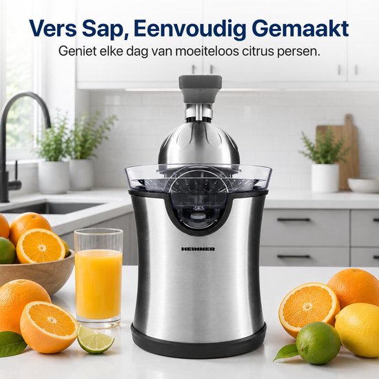 Heinner Aren 160 HCP-160SS Elektrische Citruspers – 160 W – 2 Perskegels – Persarm – Druppelstop – RVS Filter – Zilver van Heinner — afbeelding 4