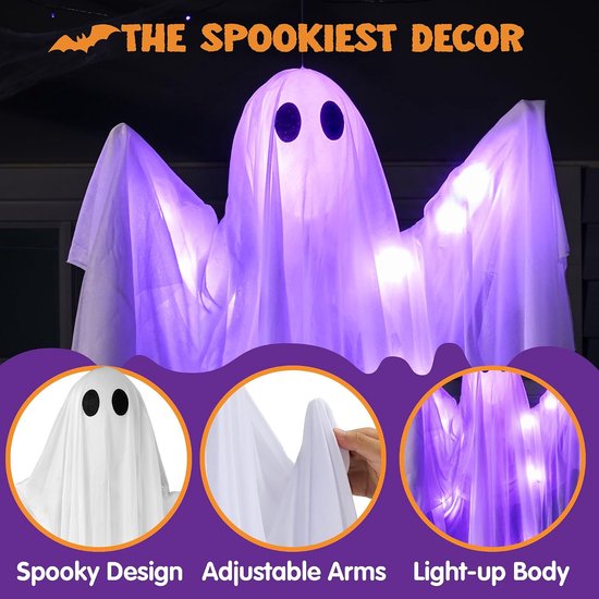 Verlichte Halloween spookdecoratie, verstelbare armen, met paarse LED-verlichting.