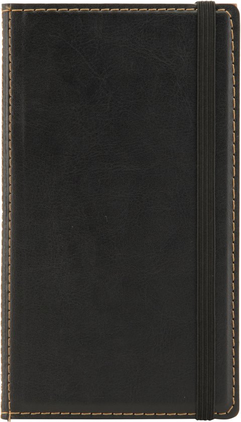 Zwarte notitieboek met bruine stiksels en elastische band.