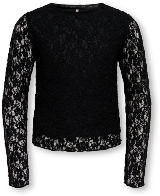 Zwarte longsleeve top met kanten mouwen en kantdetail aan de onderkant.