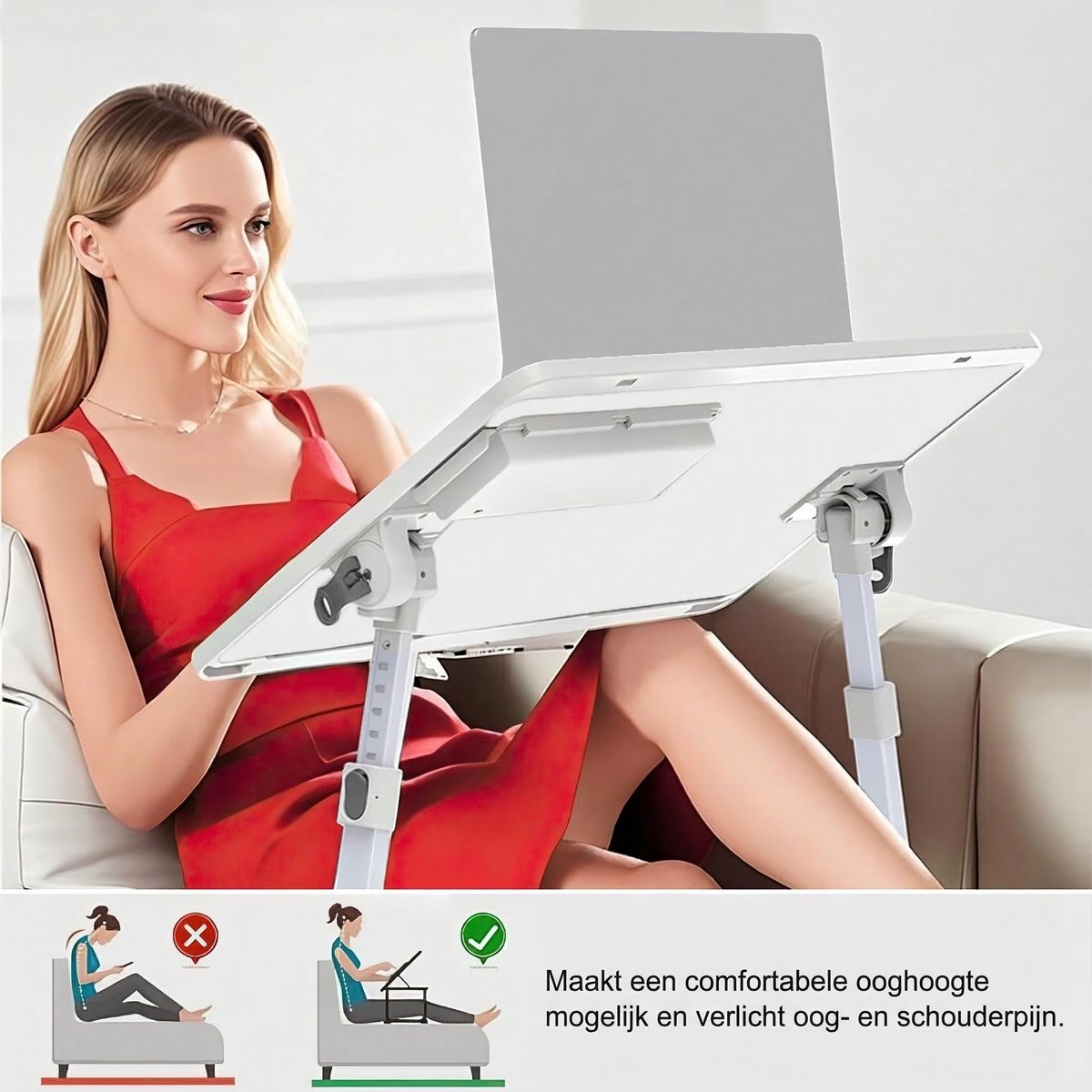 Verstelbare Bedtafel-Hoogte Verstelbaar Laptoptafel-Bedbureau voor Werken Lezen en Laptop-Elegant Wit