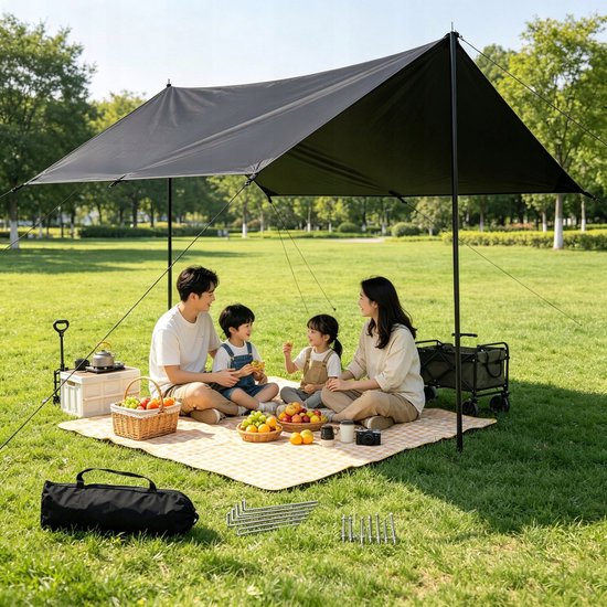 Camping Tarp - Zonneschermzeil - Schaduwdoek Luifel - 300x300 cm - 3-4 Personen - 210D Oxford - Waterdicht & Scheurvast - UV Beschermend & Zonwerend - met Metalen Palen & Haringen - Outdoor Tent - Voor Kamperen en Picknicken van Camping — afbeelding 2