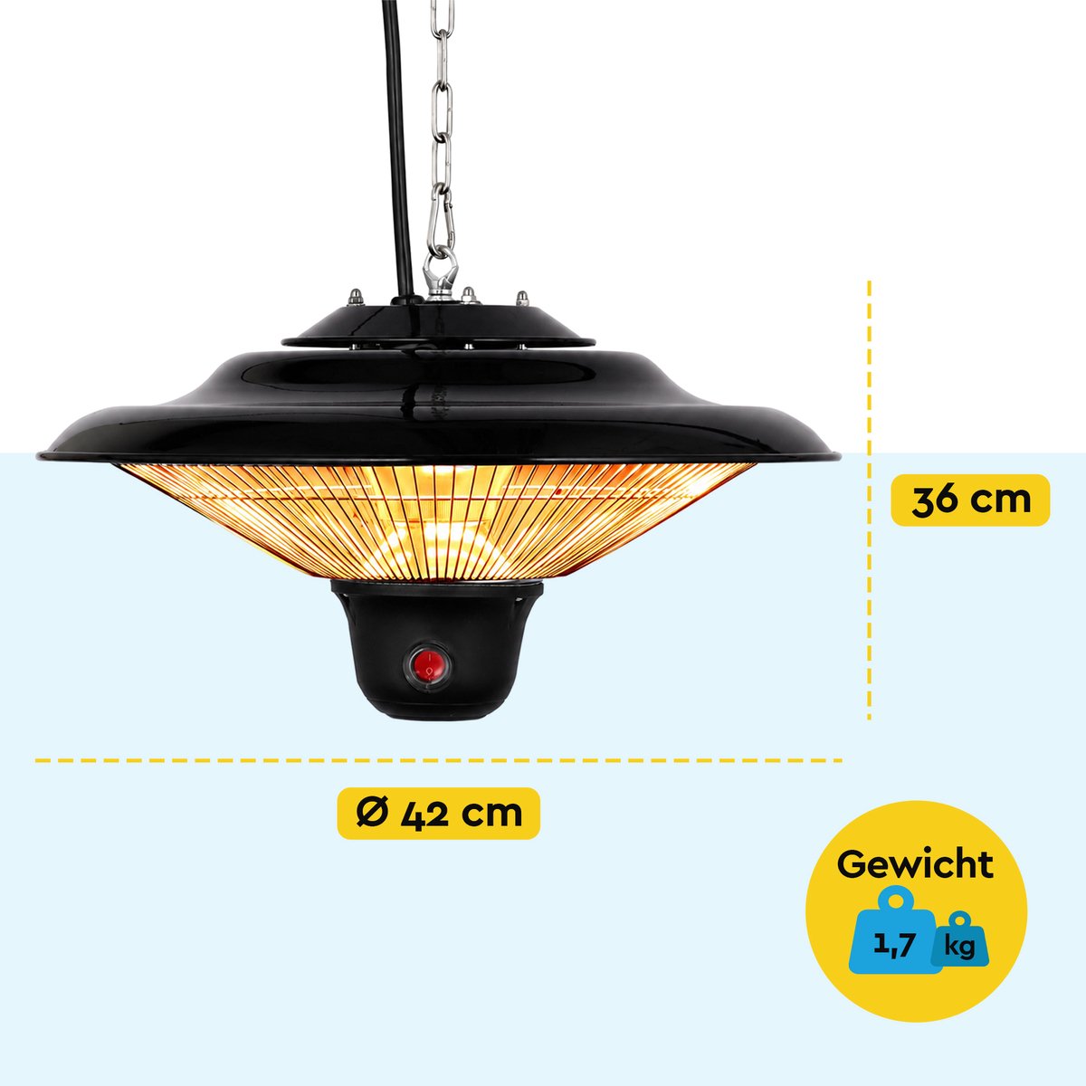 BRASQ Elektrische Terrasverwarmer Hangend PHC100 - Infrarood Heater 1500W - met Afstandsbediening - 3 warmtestanden - Voor binnen en buiten - Spatwaterdicht - Zwart – foto 8