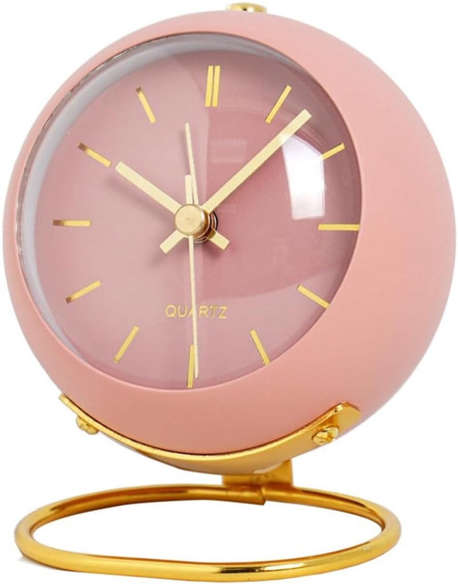 Analoge tafelwekker van 10,5 cm, kleine retro bureauklok met nachtlampje en luid alarm, stille staande klok voor slaapkamer en thuis（roze）